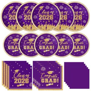 Graduation Plates and Napkins 2026 Graduation Party Supplies, Class of 2026 Congrats Grad Disposable Paper Plates Cocktail Napkins Set for Purple Gold 2026 Graduations Party Decorations Sets, Serve 50