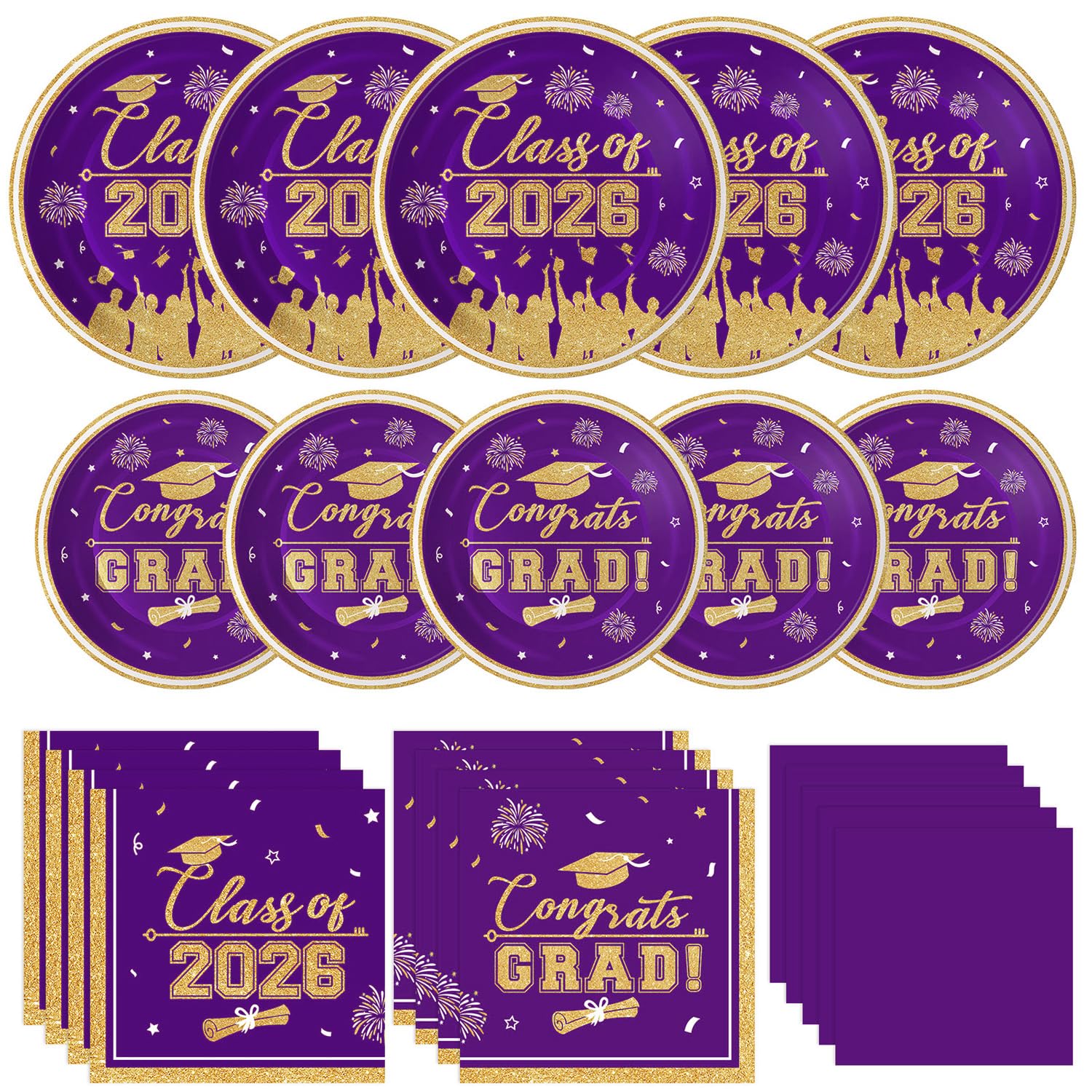 Graduation Plates and Napkins 2026 Graduation Party Supplies, Class of 2026 Congrats Grad Disposable Paper Plates Cocktail Napkins Set for Purple Gold 2026 Graduations Party Decorations Sets, Serve 50