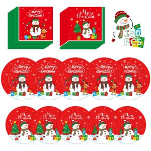 150 Pcs Merry Christmas Plates and Napkins Set - Xmas Paper Plates and Napkins, Snowman Dinner Dessert Plate Napkin Tableware Kit for Winter Christmas Party Supplies Table Decorations, Serve 50