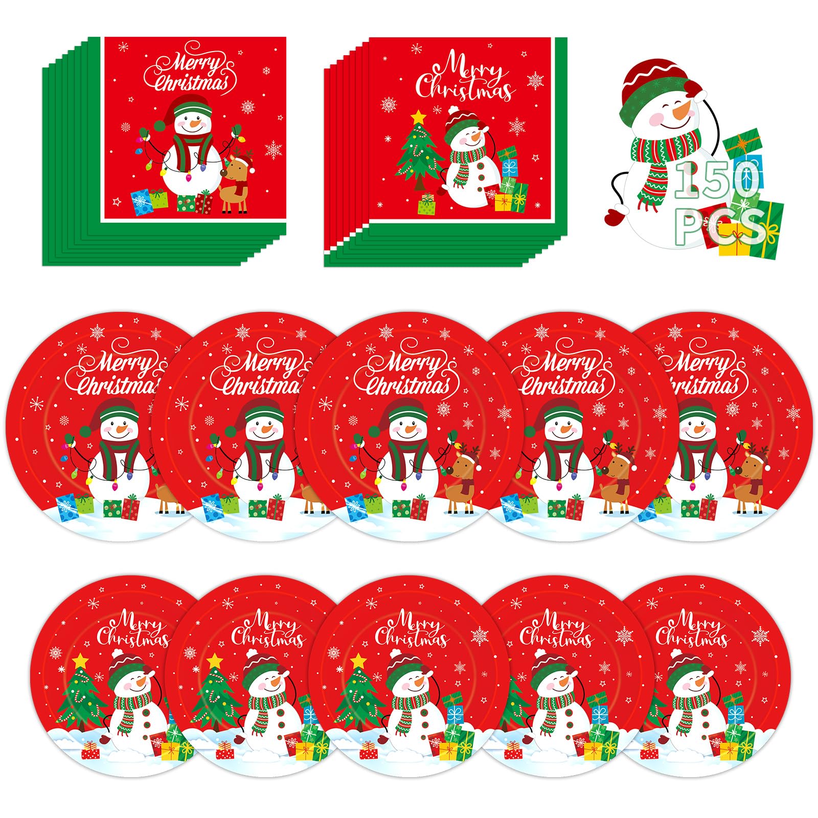 150 Pcs Merry Christmas Plates and Napkins Set - Xmas Paper Plates and Napkins, Snowman Dinner Dessert Plate Napkin Tableware Kit for Winter Christmas Party Supplies Table Decorations, Serve 50