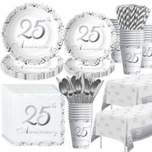APOWBLS 25th Anniversary Decorations Tableware Wedding, Silver, Serves 24