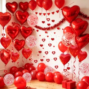 Red Heart Balloons Set, 30Pcs Heart Shaped Balloons and 50Pcs Red Hanging Streamer for Valentines Decorations, Proposal, Wedding Party