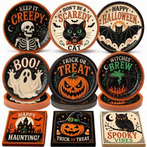 Oigco 60PCS Halloween Party Supplies, Vintage Halloween Plates and Napkins Set with 9-inch Dinner Plates, and Napkins for Halloween Birthday Party Decorations, Serves 30