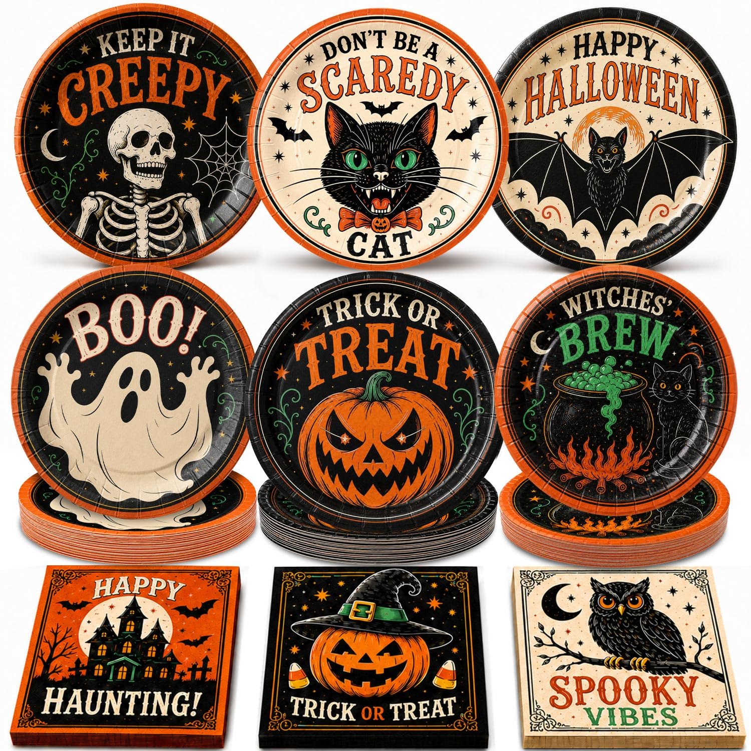 Oigco 60PCS Halloween Party Supplies, Vintage Halloween Plates and Napkins Set with 9-inch Dinner Plates, and Napkins for Halloween Birthday Party Decorations, Serves 30