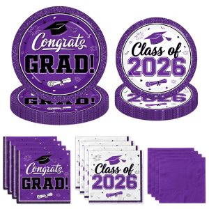 Meuqeaju Graduation Plates and Napkins 2026, 200pcs Purple Graduation Decorations Class of 2026 Grad Congrats Purple Grad Plates and Napkins Party Supplies for Graduation Party Favors,Serve 50