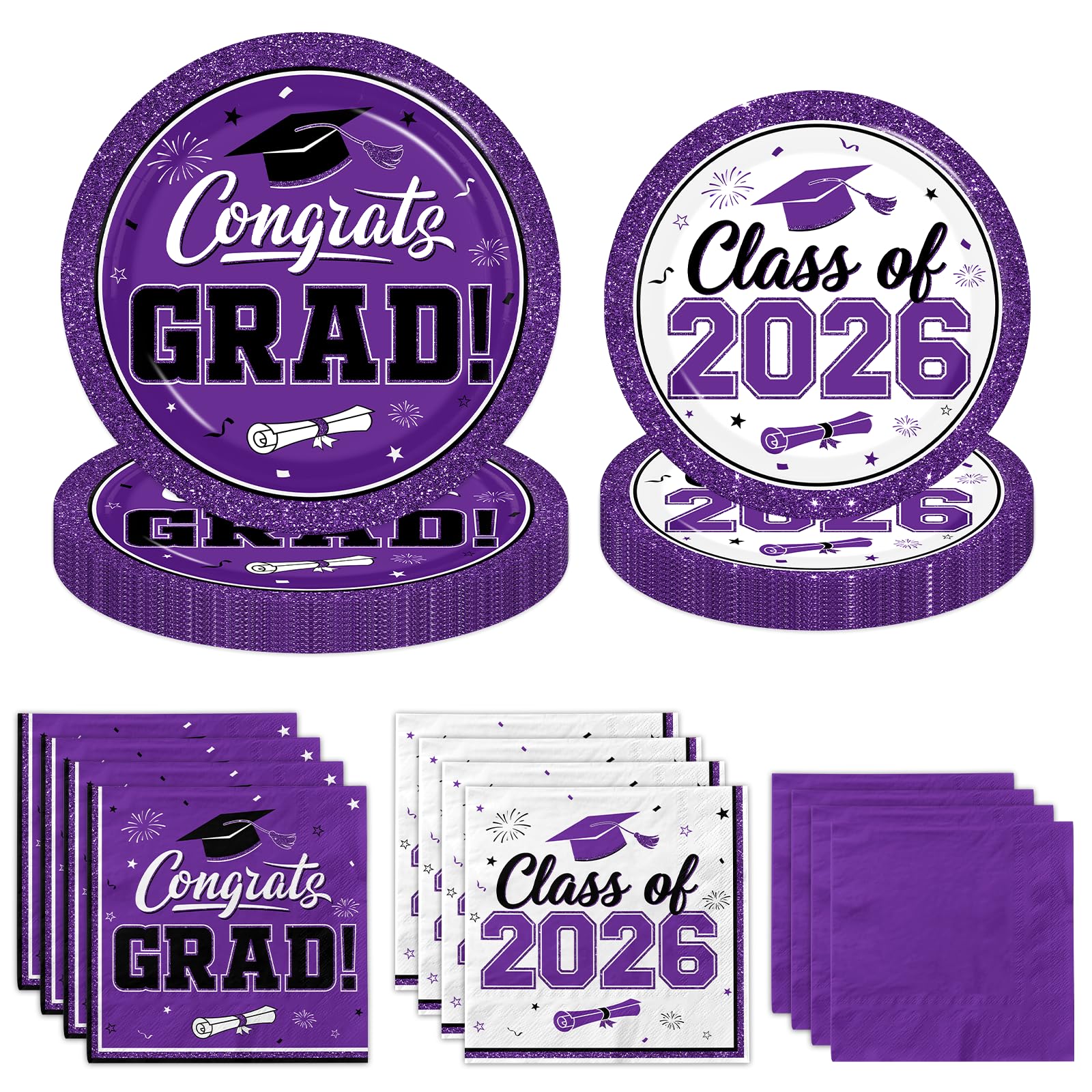 Meuqeaju Graduation Plates and Napkins 2026, 200pcs Purple Graduation Decorations Class of 2026 Grad Congrats Purple Grad Plates and Napkins Party Supplies for Graduation Party Favors,Serve 50