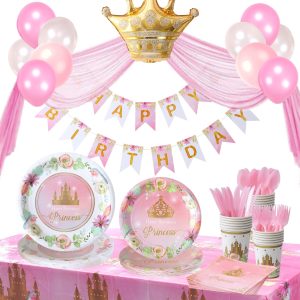 Princess Plates and Napkins Party Supplie - Serves 16 - Princess Birthday Decorations Includes Paper Plates Cups Napkins Cutlery Balloons Banner Tablecloth Party Favor Décor Idea
