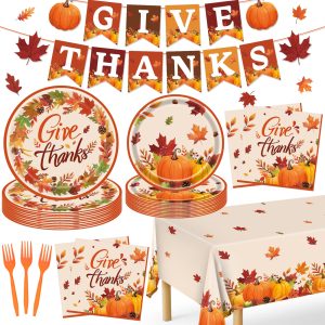 Thanksgiving Plates, 98PCs Give Thanks Plates Serves 24 with Napkins Tablecloth and Give Thanks Banner Forks for Fall Autumn Thanksgiving Party Decorations