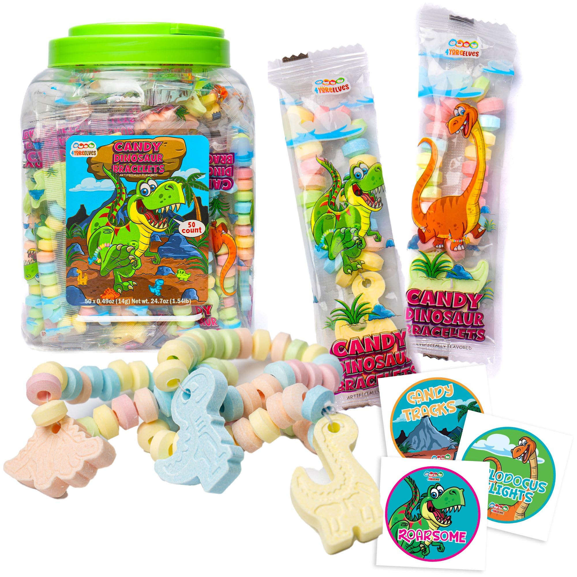 50 Dinosaur Candy Bracelets, Individually Wrapped Dino Snacks, Party Favors