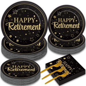50 Guests Retirement Party Decorations Retirement Plates Napkins Set Happy Retirement Black and Golden Disposable Dinnerware Tableware Graduations Decorations Supplies Favors for Women Men, 200Pcs