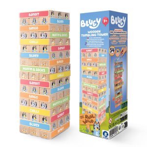 Bluey Tumbling Tower Game, 54 Illustrated Wooden Blocks, Ages 3+