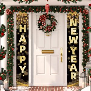 Labeol Happy New Year Banner, 72 x 12 Inch Large Front Door Porch Sign Hanging Banner Decorations New Years Eve Party Supplies 2025, Happy 2025 Decorations for Outdoor Indoor Home Wall
