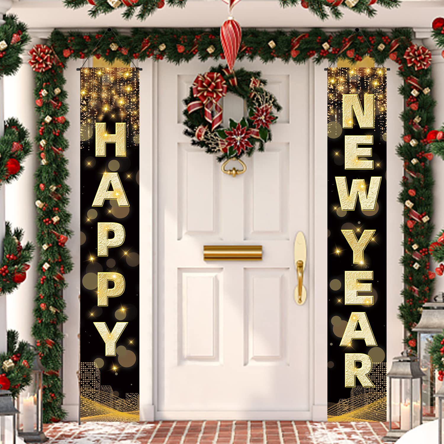 Labeol Happy New Year Banner, 72 x 12 Inch Large Front Door Porch Sign Hanging Banner Decorations New Years Eve Party Supplies 2025, Happy 2025 Decorations for Outdoor Indoor Home Wall
