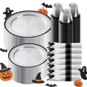 Goodluck 350 Pcs Clear Plastic Plates with Black Rim, Plastic Dinnerware