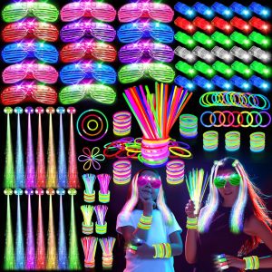 SHQDD 158 PCS Glow in the Dark Party Supplies, Halloween Party Favors 14PCS LED Glasses, 30LED Finger Lights,14LED Light Hairs and 100PCS Glow Sticks Bracelets, Neon Party Favors for Wedding, Concert