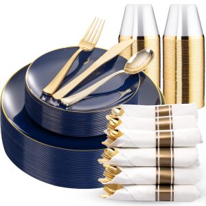 KIRE 175Pcs Blue Plastic Plates - Navy Blue Plates Disposable - 25 for Dinner 25 for Dessert 25 Pre Rolled Napkins with Gold Plastic Silverware and 25 Cups for Wedding/Party/Hanukkah/Christmas