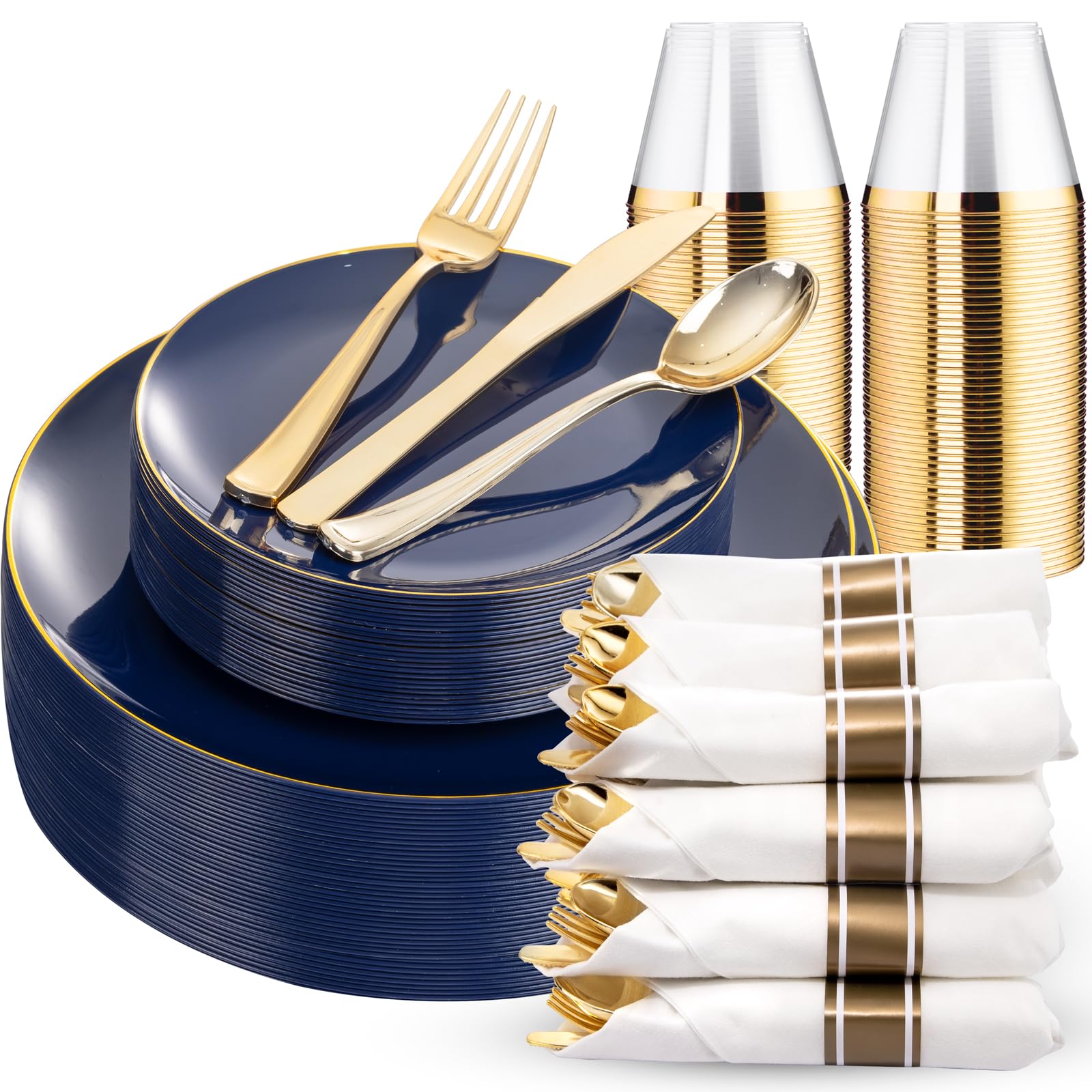 KIRE 175Pcs Blue Plastic Plates - Navy Blue Plates Disposable - 25 for Dinner 25 for Dessert 25 Pre Rolled Napkins with Gold Plastic Silverware and 25 Cups for Wedding/Party/Hanukkah/Christmas