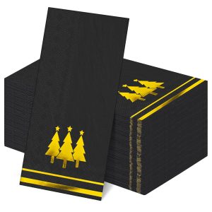 Kochorie 100 Pieces Christmas Napkins Disposable Christmas Gold Paper Napkins 7.8 x 4.3 Inch Decorative Guest Party Napkin Black Gold Foil Xmas Tree Hand Towels for Winter Party Wedding Birthday