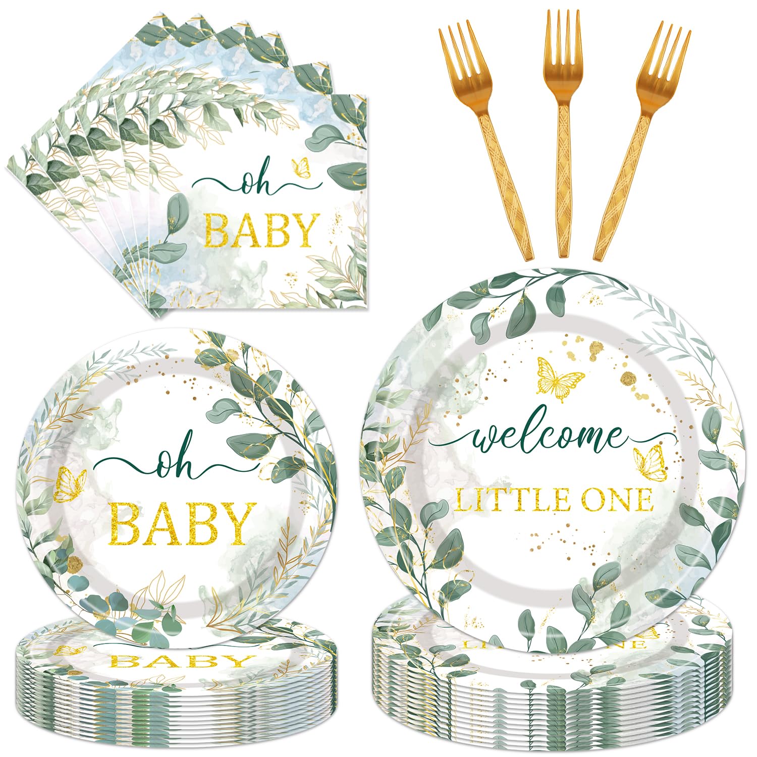 Sage Green Baby Shower Decorations - 96PCS Sage Plates and Napkins Party Supplies Welcome Little One Green Baby Shower Disposable Paper Tableware Set Serves 24 Guests