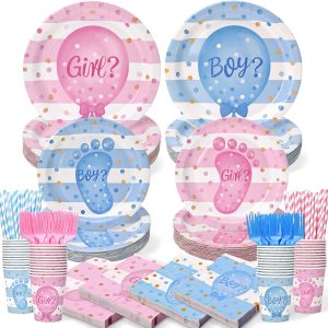 300Pcs Gender Reveal Plates and Cups and Napkins Sets with Forks and Straws, Party Supplies, Pink and Blue Plates, He or She Baby Gender Reveal Decorations, Boy or Girl (Serves 50)