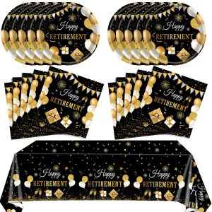 41PCS Retirement Decorations For Men Black and Gold Disposable Tablerware Decoration Favors Including Napkins Plates Tablecloth Set for Women Men Serves 20