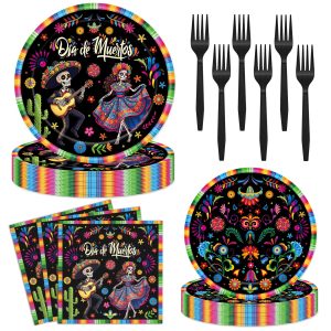 96 Pieces Day of the Dead Plates and Napkins,Dia de los Muertos Sugar Skull Disposable Tableware with Paper Plates, Napkins for Mexican Themed Party, Taco Tuesday, Fiesta Party Supplies, Serves 24