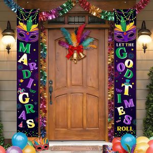 COCHIE Mardi Gras Decorations Banner a Set of 2, 12" x 71" New Orleans Party Door Porch Sign Banner for Home Yard Lawn Front Door Decor, Mardi Gras Parties Decoration Indoor Outdoor (Purple)
