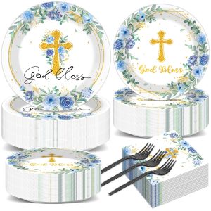 200pcs God Bless Plates Napkins Baptism Paper Tableware Set First Holy Communion Cake Dessert Disposable Dinnerware Blue Floral Party Decoration for Christening Birthday Decor Supplies Serves 50