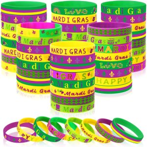 JUNEBRUSHS 64Pcs Mardi Gras Silicone Bracelets, Mardi Gras Throws Rubber Wristbands for Mardi Gras Carnival Party Supplies Decorations Goodie Bag Stuff Fillers Accessories
