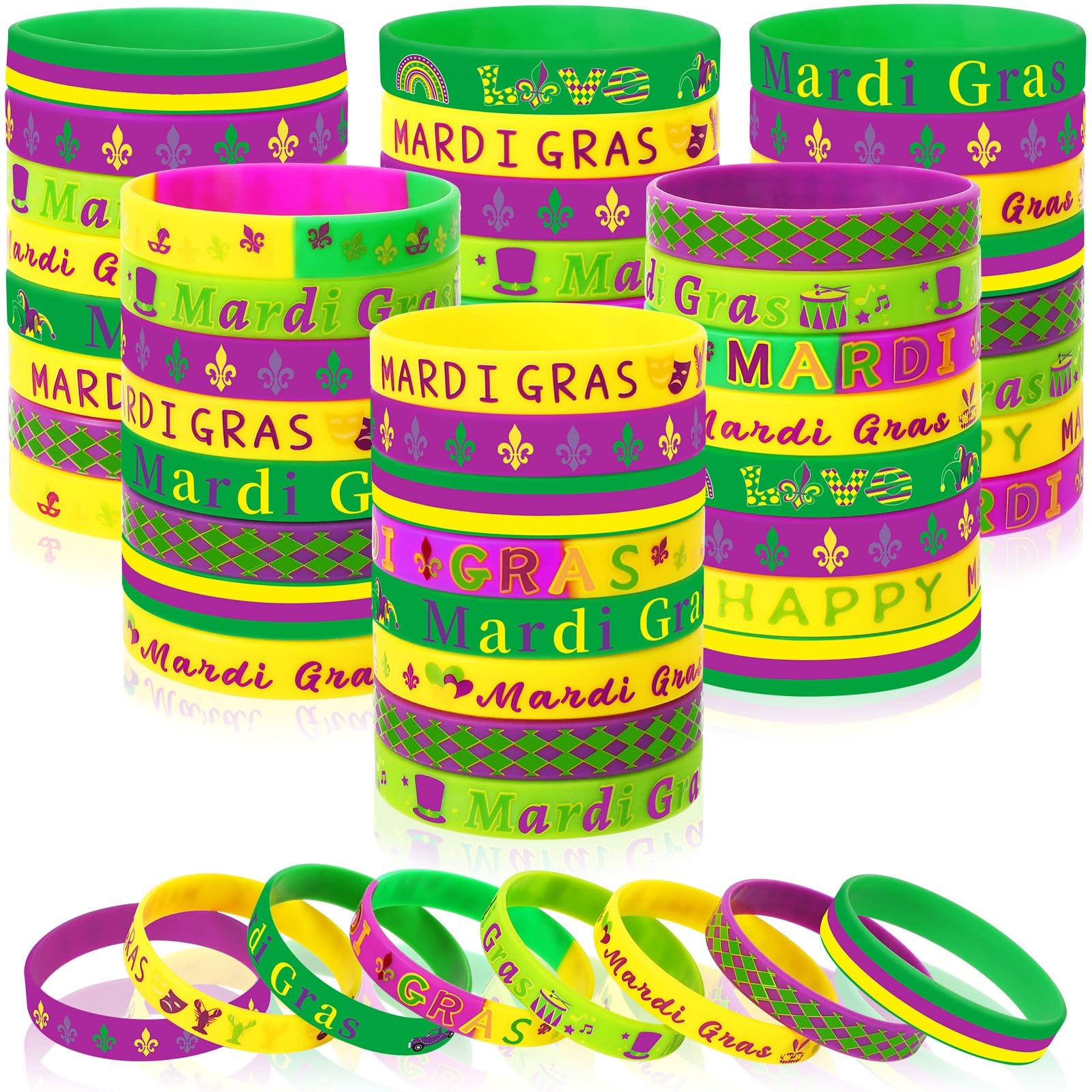 JUNEBRUSHS 64Pcs Mardi Gras Silicone Bracelets, Mardi Gras Throws Rubber Wristbands for Mardi Gras Carnival Party Supplies Decorations Goodie Bag Stuff Fillers Accessories