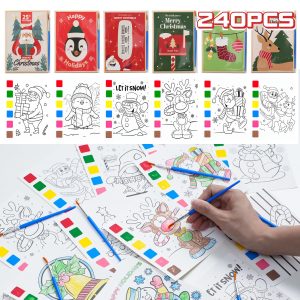 Rotu Christmas Party Favors for Kids - Stocking Stuffers for Kids - Christmas Gifts for Kid, Watercolor Coloring Books with Xmas Cards, Xmas Crafts Classroom Prizes Paint Set, 30 Pack(240 PCS)