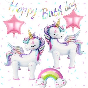 7 Pcs Unicorn Party Decorations, Self Standing Unicorn Balloons, 3D Rainbow Balloon, Star Balloons, Happy Birthday Banner