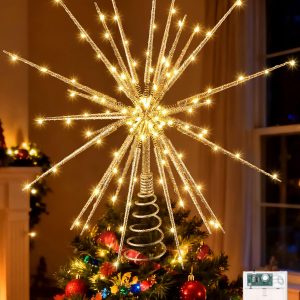 Meonum LED Starburst Christmas Tree Topper with Timer, Golden, 16inch