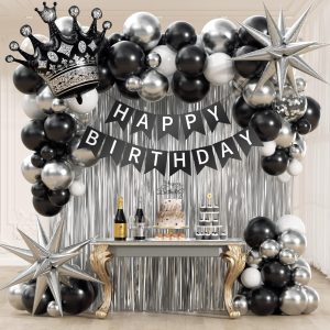 Black Birthday Decorations for Men with White Silver and Silver Balloons