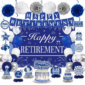 Retirement Party Decorations for Men Women Blue Silver Happy Retirement Banner Backdrop Balloons Paper Pompoms Honeycomb Centerpiece Cake Topper Hanging Swirl Set