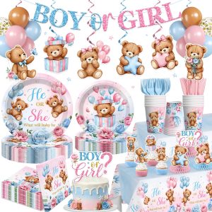 Xynic 205pcs Bear Gender Reveal Decorations Tableware Set, for 25 Guests