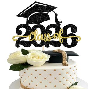1 Pack Class of 2026 Cake Topper Glitter Congrats Grad Cap 2026 Graduation Cake Pick for 2026 Graduation Theme High School Boys Girls Graduate Party Cake Decorations Supplies Black Gold
