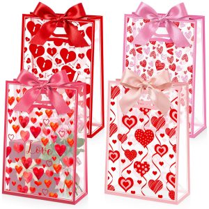 Capoda 24 Pack Gift for Valentine's Day Bags with Handle & Ribbons - Reusable Plastic Heart Favor Bags for Classroom School Party Exchange, Waterproof Goody Treat Totes for Galentine's Wedding Gifts