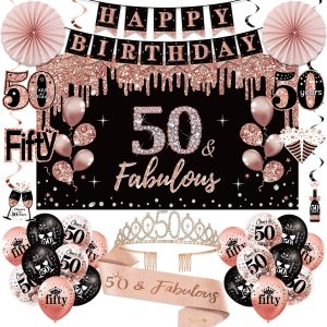50th Birthday Decorations for Women, Happy 50th Birthday Banner Crown Sash