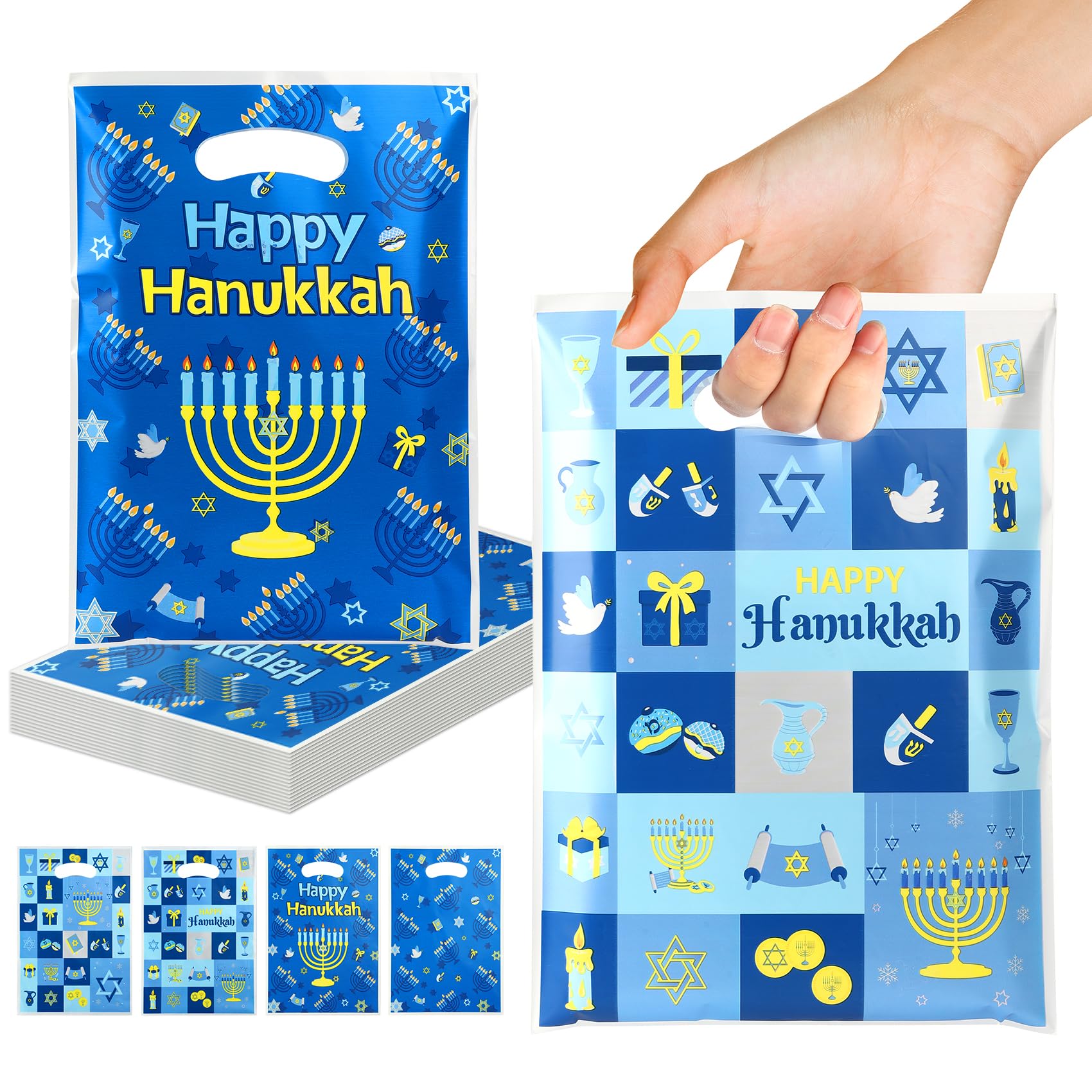 vueuKiGE Hanukkah Gift Bags, 50 PCS Hanukkah Treat Bags with Handles, 7x9.8 Inch Plastic Chanukah Gift Goodie Candy Cookie Bag Jewish Themed Party Favor Bag for Hanukkahs Party Decorations Supplies