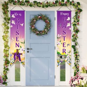Outus Happy Easter Door Banner He Is Risen Porch Sign Decoration Christian Wall Hanging Banner Jesus Cross Religious Spring Background Photo Prop Backdrop for Home Outdoor Indoor Party Supplies
