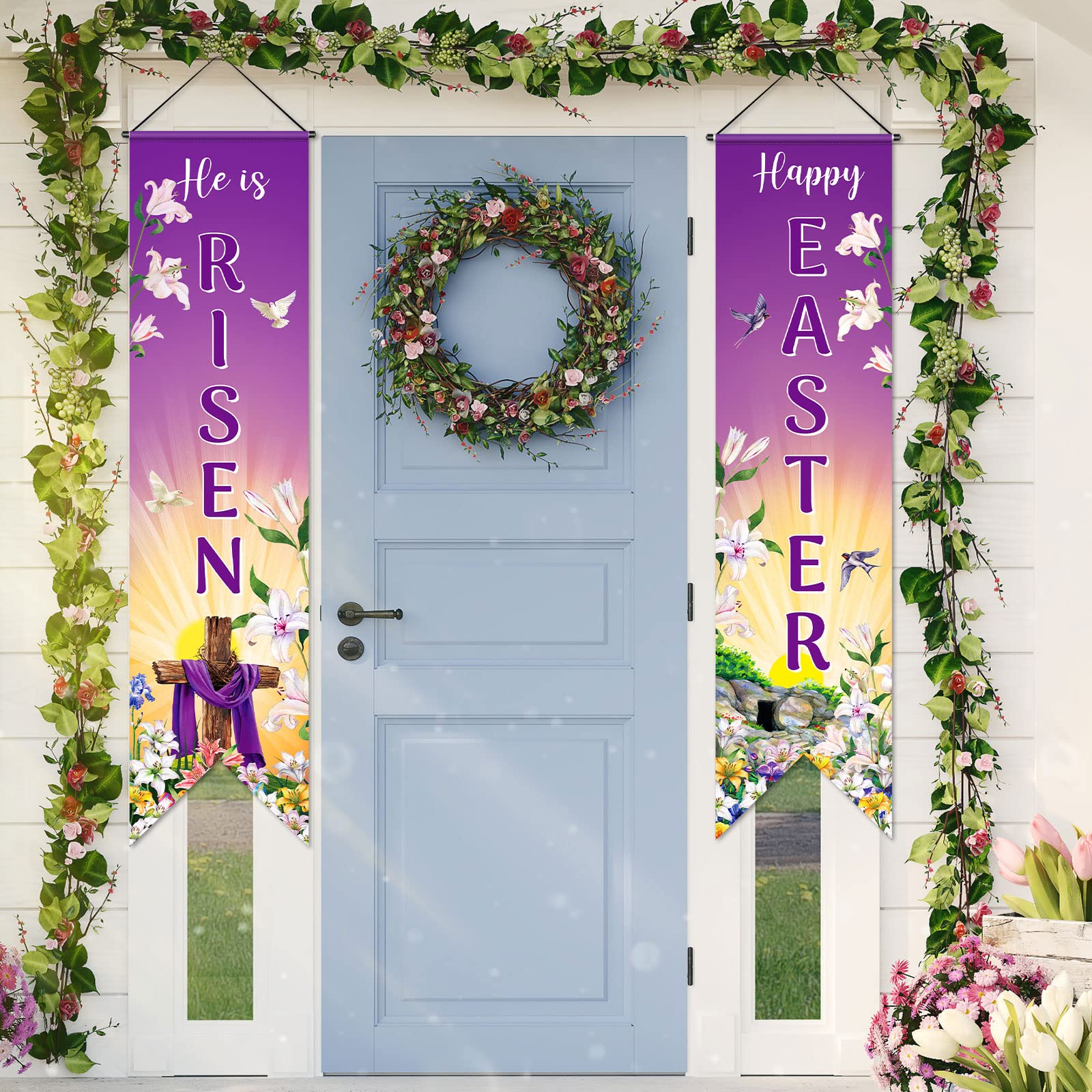 Outus Happy Easter Door Banner He Is Risen Porch Sign Decoration Christian Wall Hanging Banner Jesus Cross Religious Spring Background Photo Prop Backdrop for Home Outdoor Indoor Party Supplies