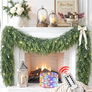 9Ft Prelit Real Touch Cedar Christmas Garland with Lights for Mantle Decor