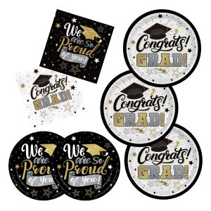 Graduation Decorations 2026 Black and Gold Grad Party Supplies with Disposable Dinner Plates, Dessert Plates and Napkins for 48 Guests - Graduation Party Decorations
