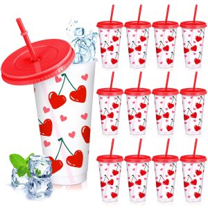 Reallnaive 12 Pcs Valentine Cherry Cups with Lids and Straws, 24 oz