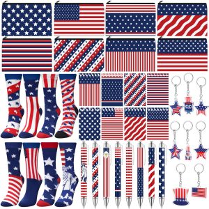 Dansydaisy 32 Pcs 4th of July Gifts Set American Flag Makeup Bags Bulk 250th Anniversary USA Patriotic Socks Red White and Blue to Do List Notepad Ballpoint Pens Star Keychain for Party Favors