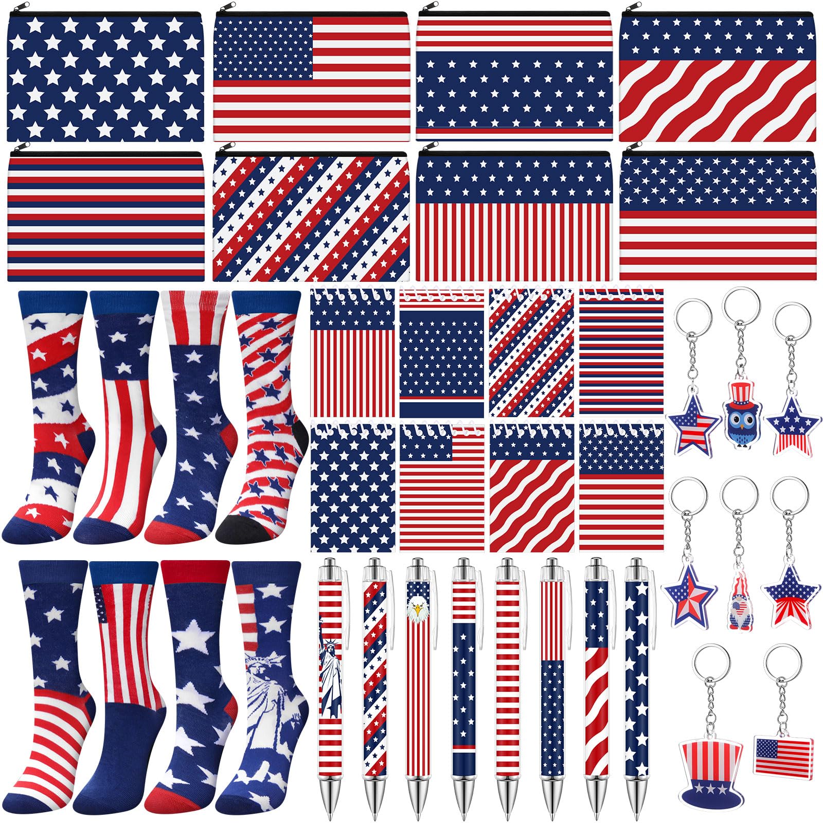 Dansydaisy 32 Pcs 4th of July Gifts Set American Flag Makeup Bags Bulk 250th Anniversary USA Patriotic Socks Red White and Blue to Do List Notepad Ballpoint Pens Star Keychain for Party Favors