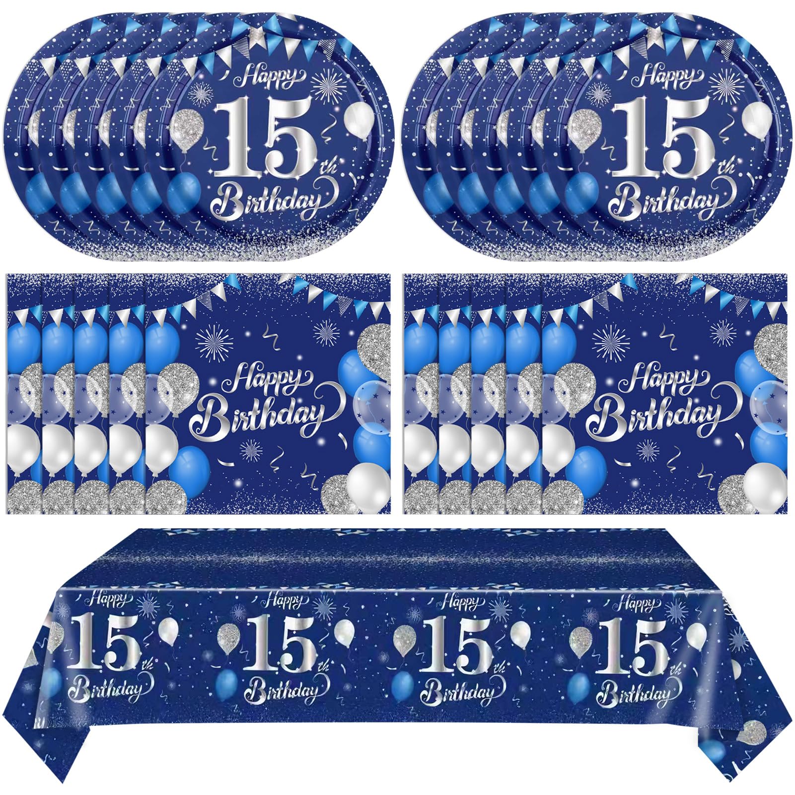 41Pcs 15th Birthday Decorations for Boys Men,Blue Silver Birthday Plates and Napkins,Tablecloth Kit,Disposable Official Teen 15 Tableware Set for Teen Boys I’m 15 Bro Years Old Party Supplies