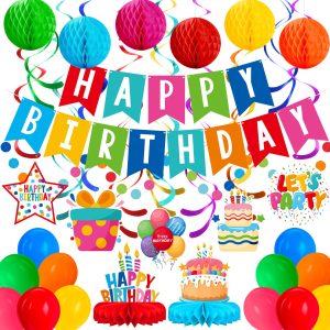 Happy Birthday Decorations Kit: Happy Birthday Banner,Birthday Circle Confetti Garland, Swirl Streamers, Honeycomb Balls, Birthday Balloons and Honeycomb Centerpiece for Kids' Birthday Party Supplies