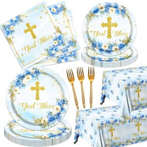 God Bless Plates and Napkins Baptism First Holy Communion Party Tableware Decorations for Boy Christening Ceremony Newborn Theme Disposable Plates,Tablecloth,Napkins and Forks